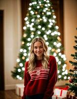 ai gegenereerd foto van mooi vrouw met blond haar- in trui staand in voorkant van Kerstmis boom , generatief ai