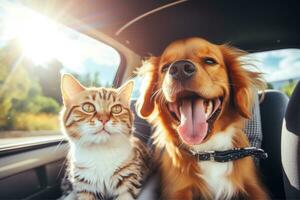 ai gegenereerd gelukkig hond en kat samen in zomer roeping reis, ai generatief foto