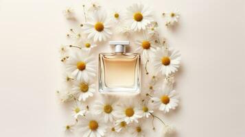 ai gegenereerd mockup parfum fles met bloem minimalisme structuur fotografie, vitrine Product, ai generatief foto