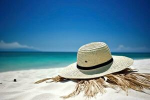 ai gegenereerd rietje hoed Aan de strand detailopname, zomer achtergrond. ai gegenereerd foto