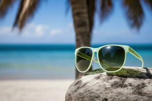 ai gegenereerd zonnebril en strand landschap, zomer vakantie achtergrond. ai gegenereerd foto