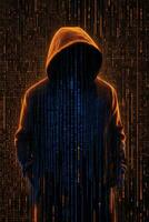 ai gegenereerd hacker in een kap Aan de achtergrond van een computer kunstmatig intelligentie- Matrix foto
