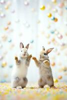 ai gegenereerd twee konijnen staand Aan hun achter poten in voorkant van een kleurrijk achtergrond, ai foto