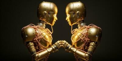 ai gegenereerd twee gouden robots zijn geconfronteerd elk andere met hun handen in voorkant van hen, ai foto