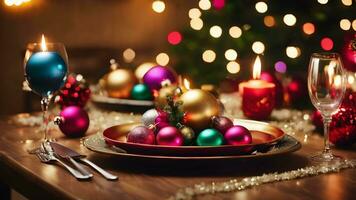 feestelijk Kerstmis tafel reeks met ornamenten foto