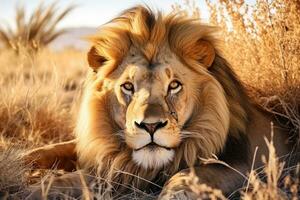 ai gegenereerd groot mannetje Afrikaanse leeuw, panthera Leo aan het liegen in de gras foto