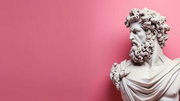 ai gegenereerd 3d illustratie van Renaissance marmeren standbeeld van Zeus in Grieks mythologie geïsoleerd Aan roze achtergrond. kunst beeldhouwwerk van oude Italiaans cultuur. modern banier sjabloon met kopiëren ruimte foto