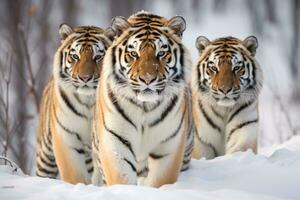 ai gegenereerd groep van Siberisch tijgers in wild winter natuur. foto
