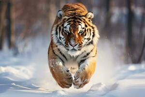 ai gegenereerd tijger in wild winter natuur. amur tijger rennen in de sneeuw. foto