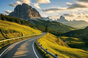 ai gegenereerd kronkelend berg weg in de dolomieten, Italië foto