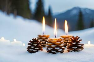 ai gegenereerd kaarsen en pijnboom kegels Aan de sneeuw Bij zonsondergang foto