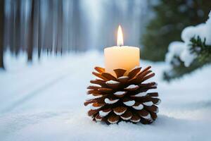 ai gegenereerd kaarsen en pijnboom kegels Aan de sneeuw Bij zonsondergang foto