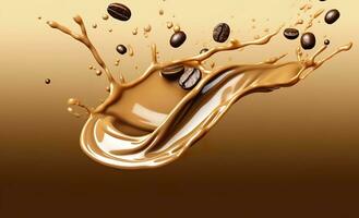 ai gegenereerd heet vloeistof koffie plons met koffie Boon vallen, 3d illustratie. ai gegenereerd foto