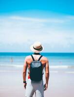 ai gegenereerd een fotograaf van reiziger of backpaker in de strand met een veel stijl en veel hoek foto