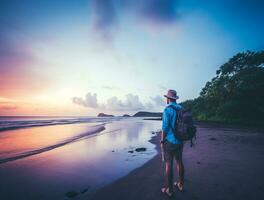 ai gegenereerd een fotograaf van reiziger of backpaker in de strand met een veel stijl en veel hoek foto