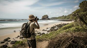 ai gegenereerd een fotograaf van reiziger of backpaker in de strand met een veel stijl en veel hoek foto