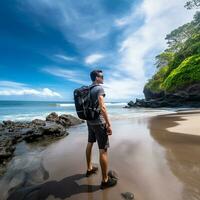 ai gegenereerd een fotograaf van reiziger of backpaker in de strand met een veel stijl en veel hoek foto