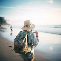 ai gegenereerd een fotograaf van reiziger of backpaker in de strand met een veel stijl en veel hoek foto