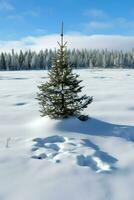 pijnboom bomen of versierd Kerstmis boom gedekt door sneeuw Aan mooi winter. Kerstmis thema buitenshuis door ai gegenereerd foto