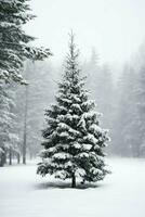 pijnboom bomen of versierd Kerstmis boom gedekt door sneeuw Aan mooi winter. Kerstmis thema buitenshuis door ai gegenereerd foto