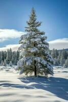 pijnboom bomen of versierd Kerstmis boom gedekt door sneeuw Aan mooi winter. Kerstmis thema buitenshuis door ai gegenereerd foto