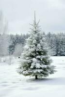 pijnboom bomen of versierd Kerstmis boom gedekt door sneeuw Aan mooi winter. Kerstmis thema buitenshuis door ai gegenereerd foto