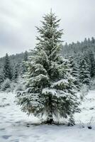 pijnboom bomen of versierd Kerstmis boom gedekt door sneeuw Aan mooi winter. Kerstmis thema buitenshuis door ai gegenereerd foto