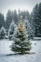 pijnboom bomen of versierd Kerstmis boom gedekt door sneeuw Aan mooi winter. Kerstmis thema buitenshuis door ai gegenereerd foto