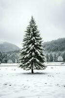 pijnboom bomen of versierd Kerstmis boom gedekt door sneeuw Aan mooi winter. Kerstmis thema buitenshuis door ai gegenereerd foto