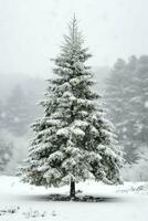 pijnboom bomen of versierd Kerstmis boom gedekt door sneeuw Aan mooi winter. Kerstmis thema buitenshuis door ai gegenereerd foto