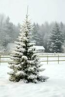 pijnboom bomen of versierd Kerstmis boom gedekt door sneeuw Aan mooi winter. Kerstmis thema buitenshuis door ai gegenereerd foto