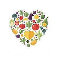 ai gegenereerd hart gezond eetpatroon concept fruit en groenten omringend hart voor wereld Gezondheid dag foto