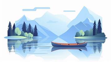 ai gegenereerd sereen oever van het meer landschap met kano minimalistische vlak ontwerp illustratie foto