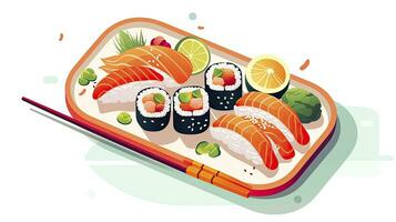 ai gegenereerd elegant minimalistische sushi schotel illustratie met eetstokjes foto