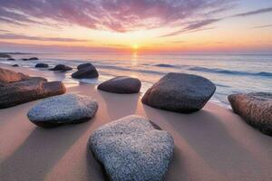 ai gegenereerd mooi rotsen Aan de strand Bij zonsondergang. pro foto