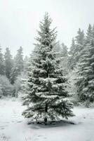 pijnboom bomen of versierd Kerstmis boom gedekt door sneeuw Aan mooi winter. Kerstmis thema buitenshuis door ai gegenereerd foto