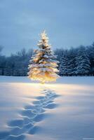 pijnboom bomen of versierd Kerstmis boom gedekt door sneeuw Aan mooi winter. Kerstmis thema buitenshuis door ai gegenereerd foto