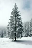 pijnboom bomen of versierd Kerstmis boom gedekt door sneeuw Aan mooi winter. Kerstmis thema buitenshuis door ai gegenereerd foto