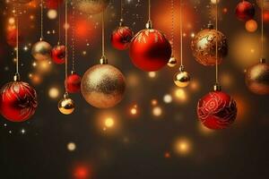 Kerstmis achtergrond met Kerstmis ballen ornamenten hangende met kopiëren ruimte. Kerstmis decoratie concept door ai gegenereerd foto