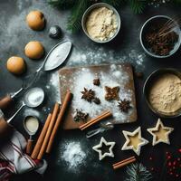 vlak leggen van Koken eigengemaakt Kerstmis bakken ingrediënten of peperkoek koekjes geplaatst Aan tafel concept door ai gegenereerd foto