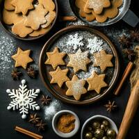 vlak leggen van Koken eigengemaakt Kerstmis bakken ingrediënten of peperkoek koekjes geplaatst Aan tafel concept door ai gegenereerd foto