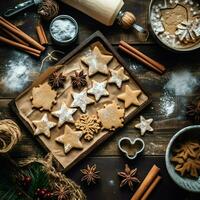 vlak leggen van Koken eigengemaakt Kerstmis bakken ingrediënten of peperkoek koekjes geplaatst Aan tafel concept door ai gegenereerd foto