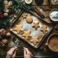 vlak leggen van Koken eigengemaakt Kerstmis bakken ingrediënten of peperkoek koekjes geplaatst Aan tafel concept door ai gegenereerd foto