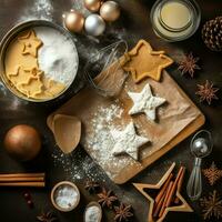 vlak leggen van Koken eigengemaakt Kerstmis bakken ingrediënten of peperkoek koekjes geplaatst Aan tafel concept door ai gegenereerd foto