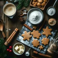 vlak leggen van Koken eigengemaakt Kerstmis bakken ingrediënten of peperkoek koekjes geplaatst Aan tafel concept door ai gegenereerd foto