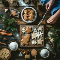 vlak leggen van Koken eigengemaakt Kerstmis bakken ingrediënten of peperkoek koekjes geplaatst Aan tafel concept door ai gegenereerd foto