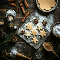 vlak leggen van Koken eigengemaakt Kerstmis bakken ingrediënten of peperkoek koekjes geplaatst Aan tafel concept door ai gegenereerd foto