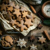 vlak leggen van Koken eigengemaakt Kerstmis bakken ingrediënten of peperkoek koekjes geplaatst Aan tafel concept door ai gegenereerd foto