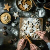 vlak leggen van Koken eigengemaakt Kerstmis bakken ingrediënten of peperkoek koekjes geplaatst Aan tafel concept door ai gegenereerd foto