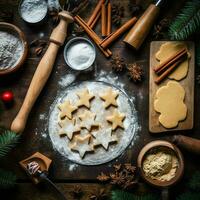 vlak leggen van Koken eigengemaakt Kerstmis bakken ingrediënten of peperkoek koekjes geplaatst Aan tafel concept door ai gegenereerd foto